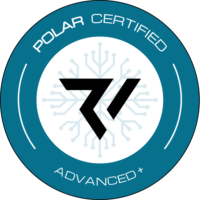 Circular certification badge that says Polar Certified - Advanced+ with a Ridgeline logo and circuitboard pattern in the center