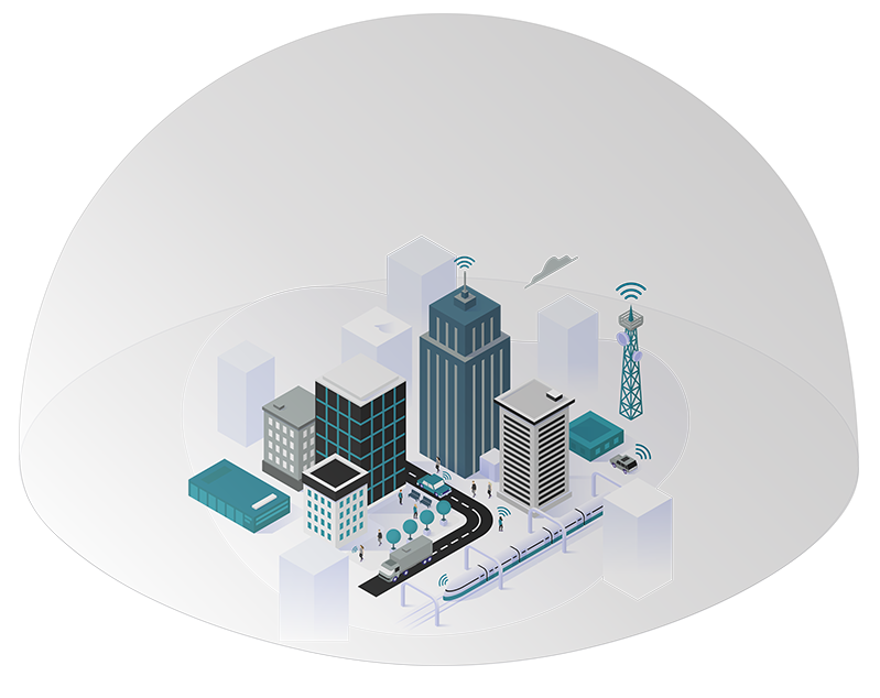 Illustration of a city in isometric view with a dome protecting it and controlling what signals go in and out
