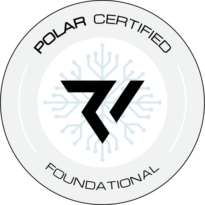 Circular certification badge that says Polar Certified - Foundational with a Ridgeline logo and circuitboard pattern in the center