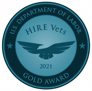 Logo for U.S. Department of Labor "Hire Vets 2021" Gold Award, tinted teal