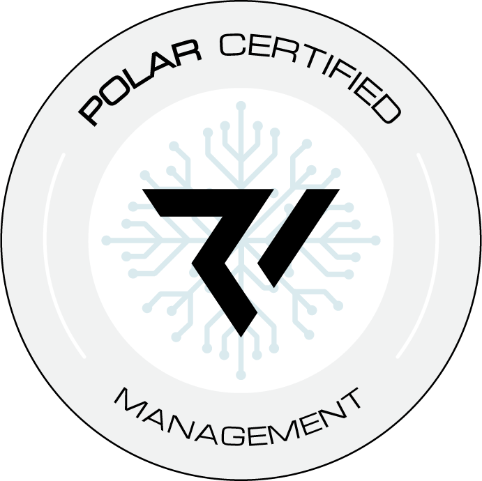 Circular certification badge that says Polar Certified - Management with a Ridgeline logo and circuitboard pattern in the center