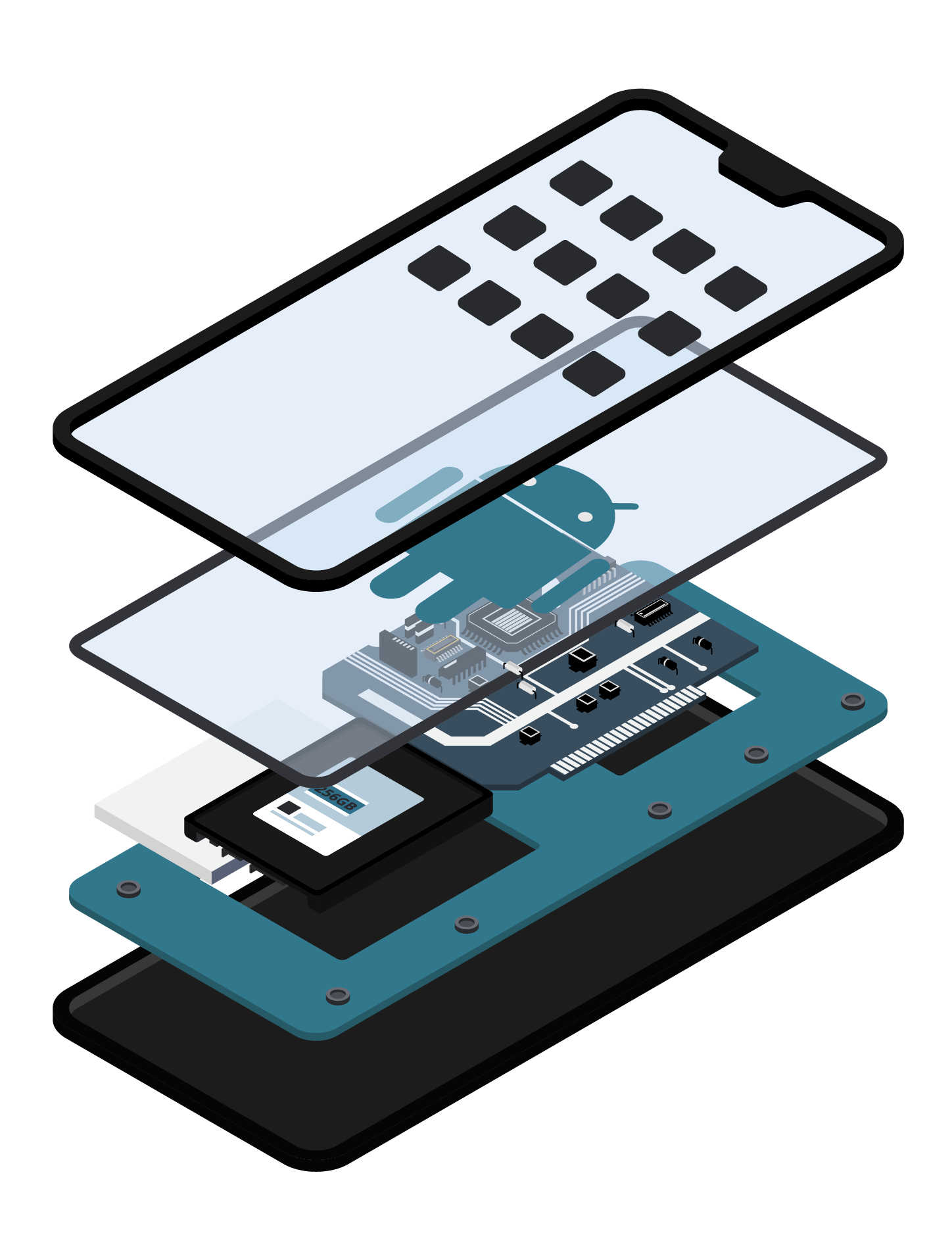 an isometric illustration of a cell phone in layers, showing the software, firmware, OS, and hardware