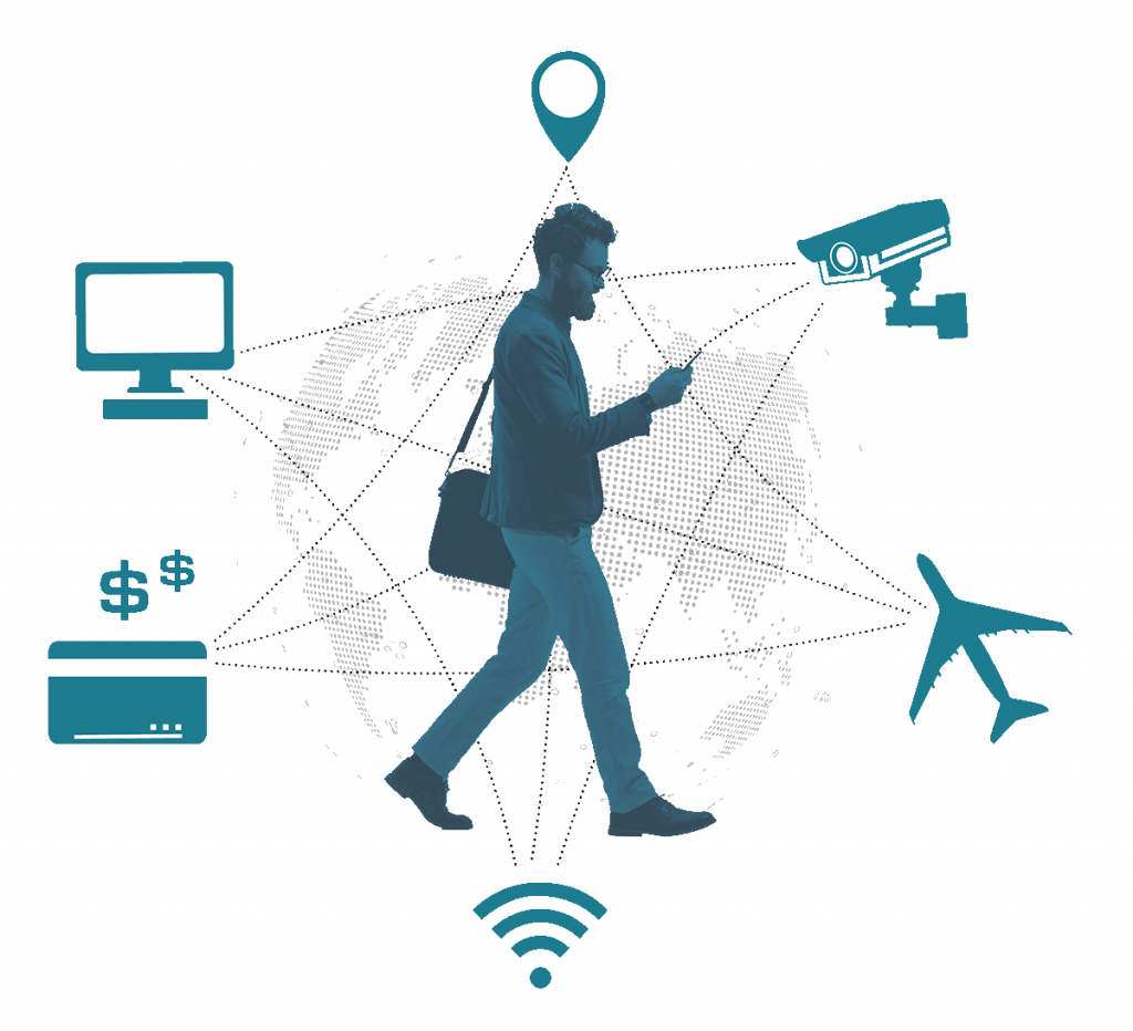 Illustration of a man walking with his phone and laptop bag, with icons for different data collectors around him, such as WiFi, cameras, credit cards. All tinted teal