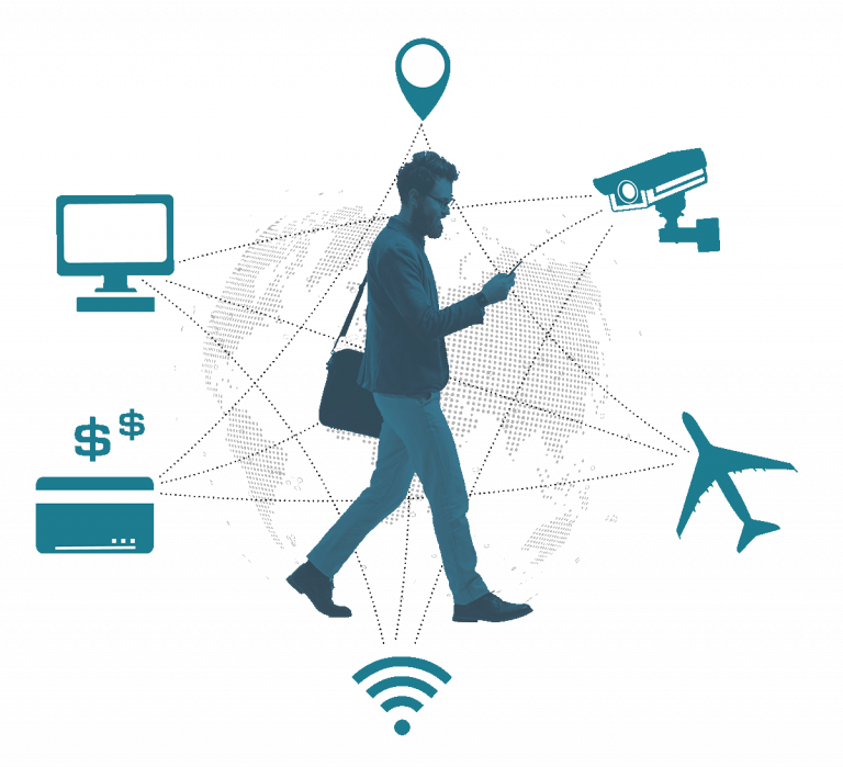 Illustration of a man walking with his phone and laptop bag, with icons for different data collectors around him, such as WiFi, cameras, credit cards. All tinted teal