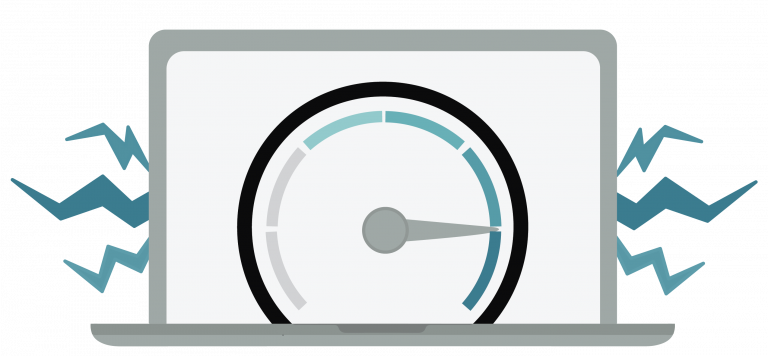 Illustration of a speedometer with the speed going very fast on a laptop with lightning bolts coming out of the side