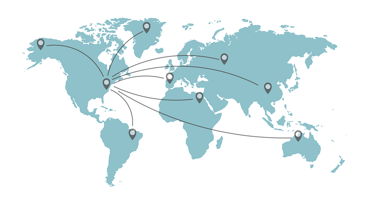 Illustration of 2d world map with lines showing server connections to the East Coast of USA