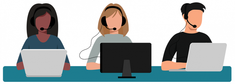 Illustration of three customer support employees at computers with headsets