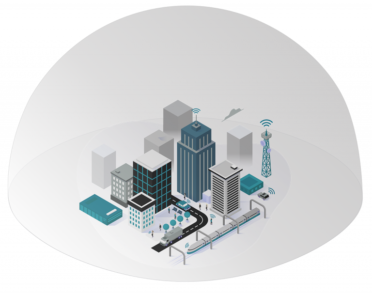 Illustration of a city with many digital sensors being covered by a virtual dome