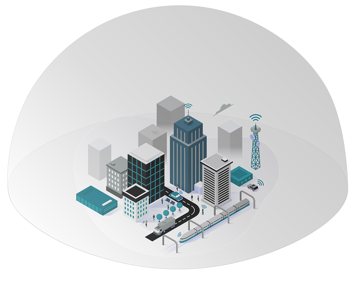 Illustration of a city with many digital sensors being covered by a virtual dome