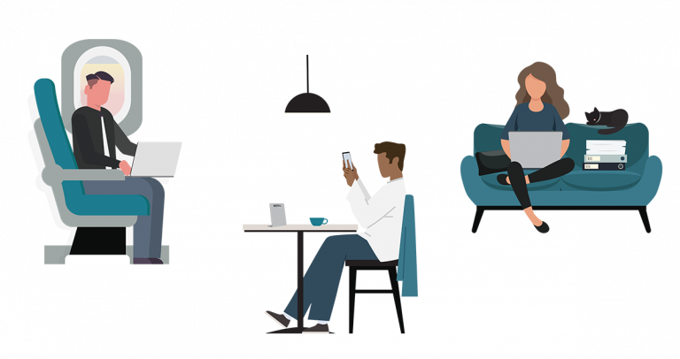 Illustration of three people sitting and working on computers in different environments: a plane, a cafe, and at home on the couch