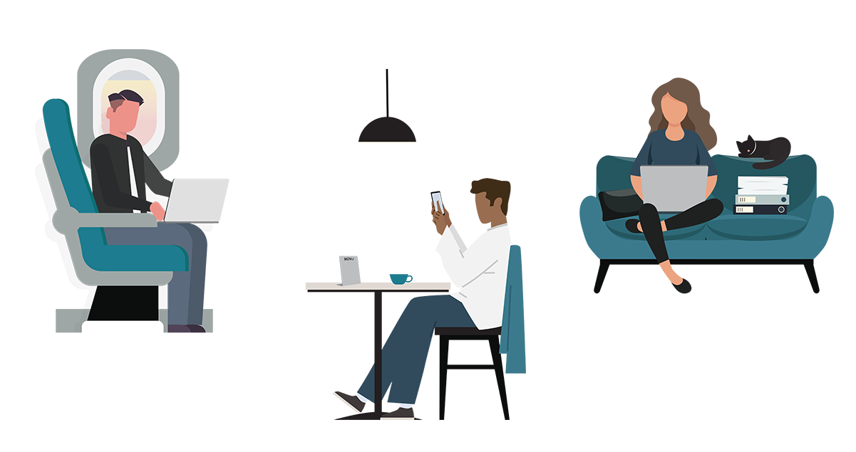 Illustration of three people sitting and working on computers in different environments: a plane, a cafe, and at home on the couch