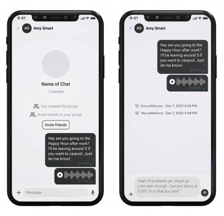 two smartphones side by side showing different features of a secure chat app