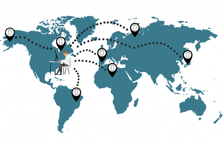 illustration of 2d map showing connections across world to a man on the east coast of USA