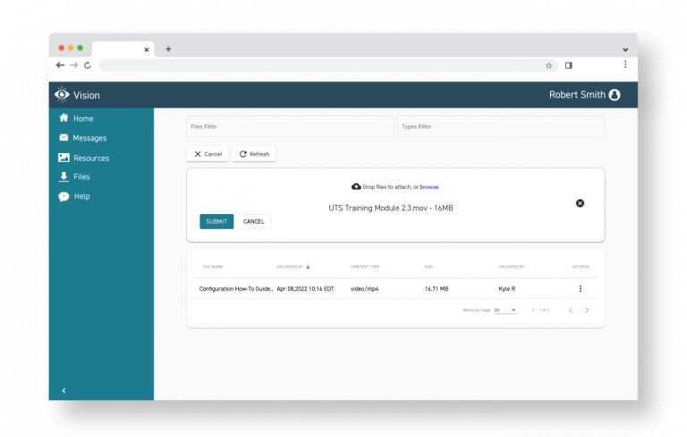 Screenshot of Vision interface showing Secure file sharing capabilities