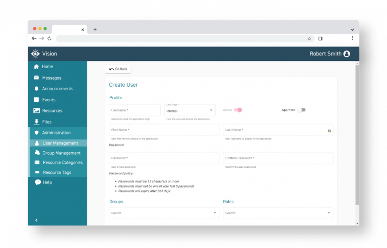 Screenshot of Vision interface showing User Management capabilities