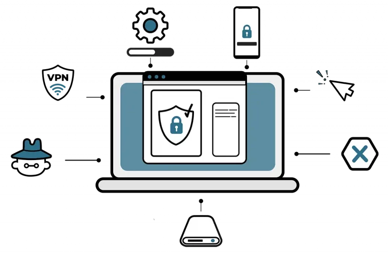 Illustration of a laptop with various data and security related icons around it