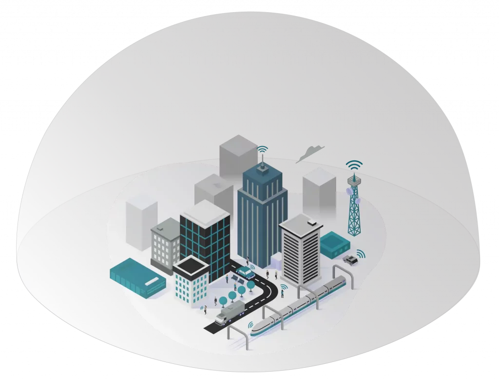Illustration of a city with many digital sensors being covered by a virtual dome