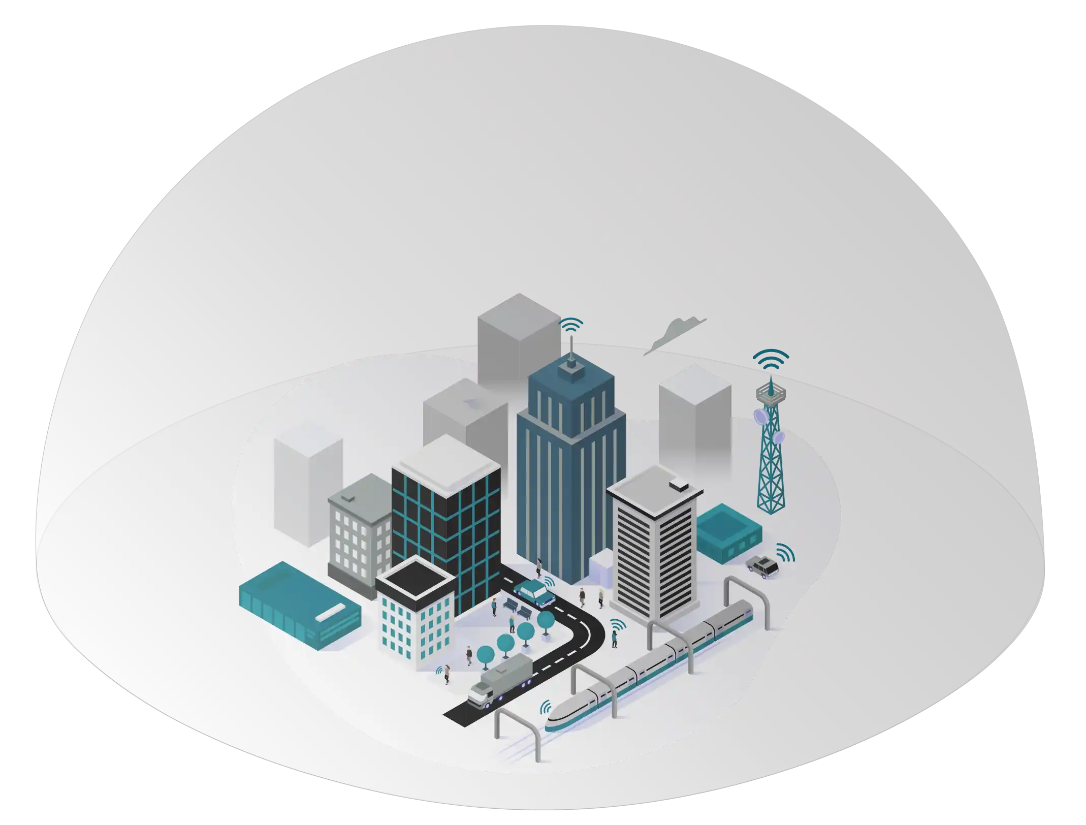 Illustration of a city with many digital sensors being covered by a virtual dome