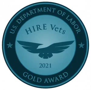Logo for U.S. Department of Labor "Hire Vets 2021" Gold Award, tinted teal