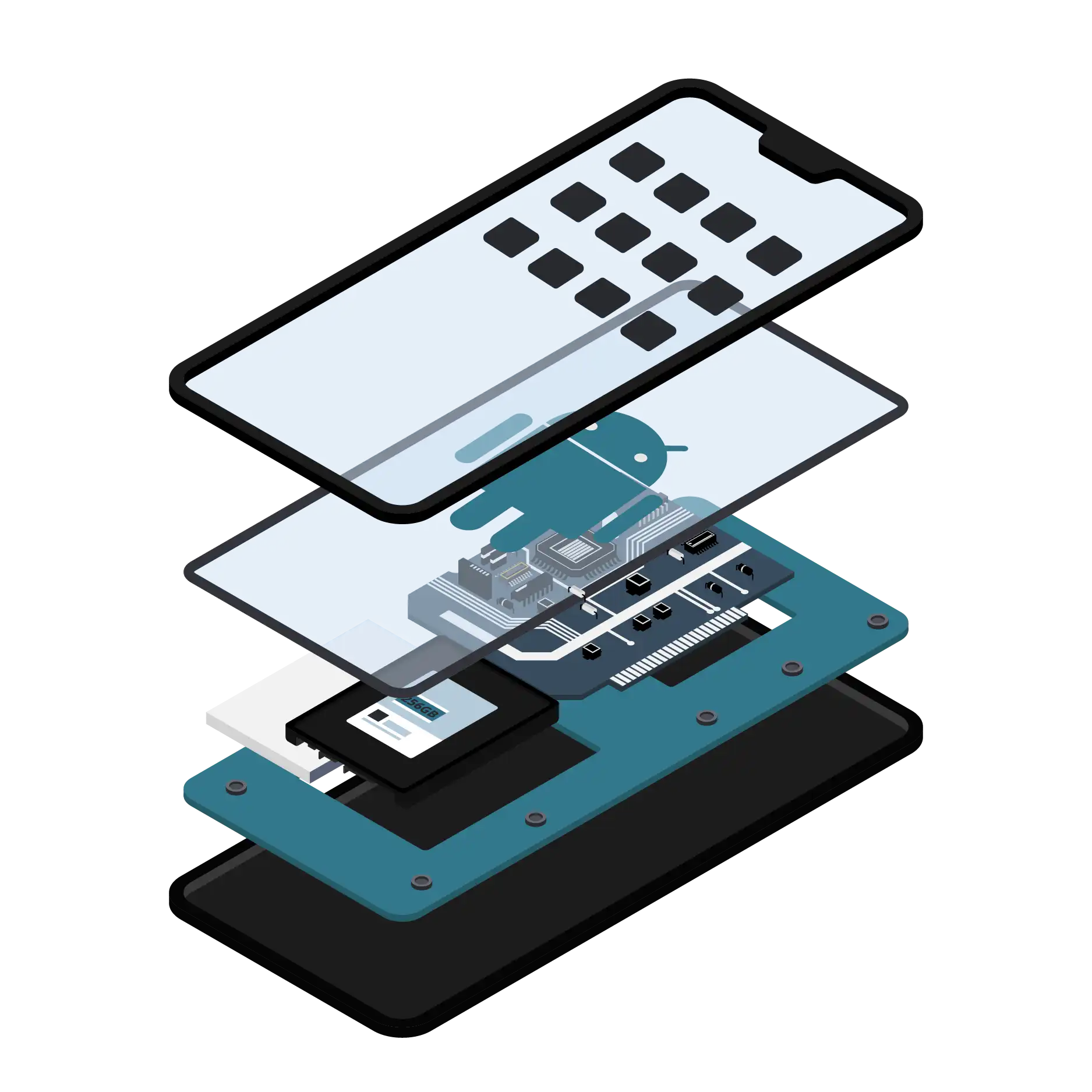 an isometric illustration of a cell phone in layers, showing the software, firmware, OS, and hardware