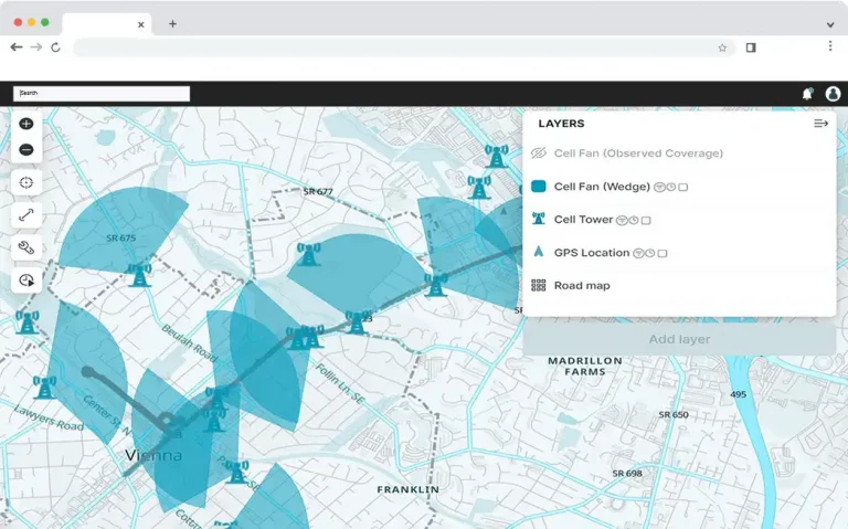 Screenshot of Vision interface showing map view with colored wedges for cell phone tower ranges, as well as display options in a sidebar