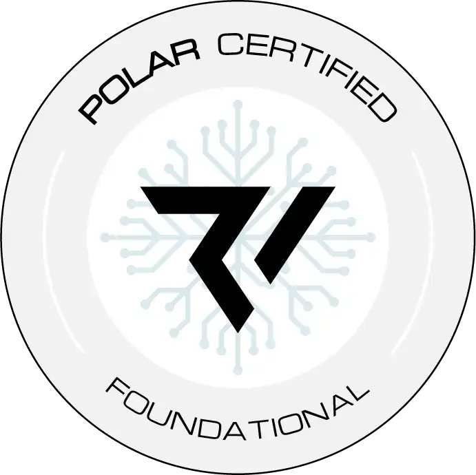 Circular certification badge that says Polar Certified - Foundational with a Ridgeline logo and circuitboard pattern in the center