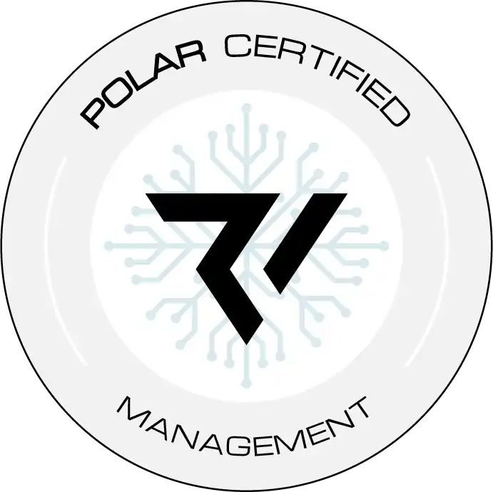 Circular certification badge that says Polar Certified - Management with a Ridgeline logo and circuitboard pattern in the center