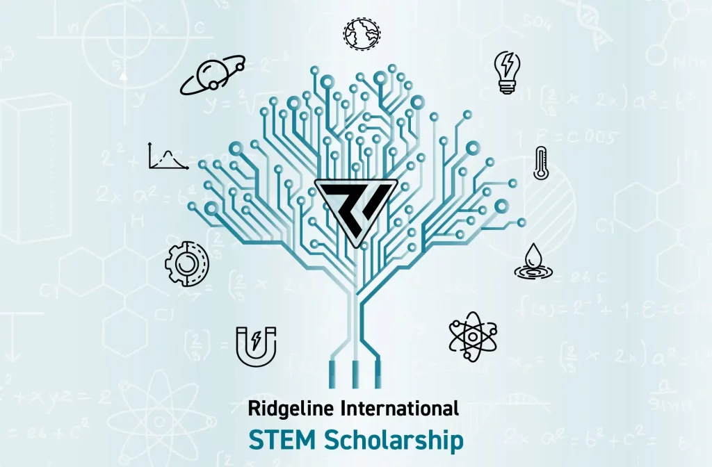 illustration showing tree made of circuits with tech icons around it, text says Ridgeline STEM Scholarship