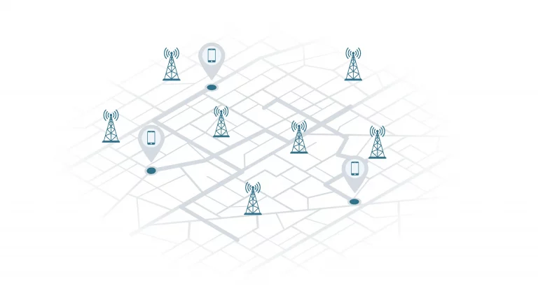 An isometric view of a street map on a white field. Several trails lead to devices in drop pin icons, and cell towers dot the map.