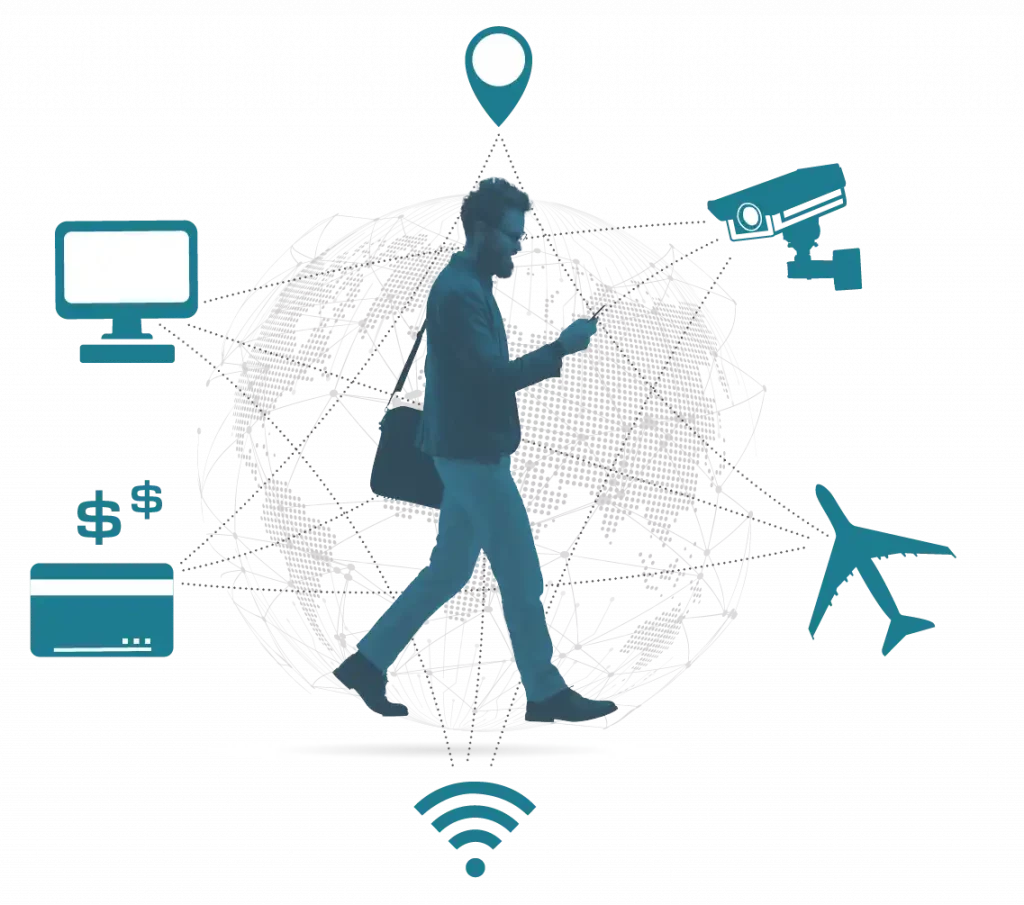Illustration of a man walking with his phone and laptop bag, with icons for different data collectors around him, such as WiFi, cameras, credit cards. All tinted teal