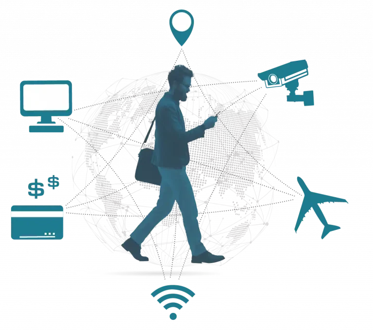 Illustration of a man walking with his phone and laptop bag, with icons for different data collectors around him, such as WiFi, cameras, credit cards. All tinted teal