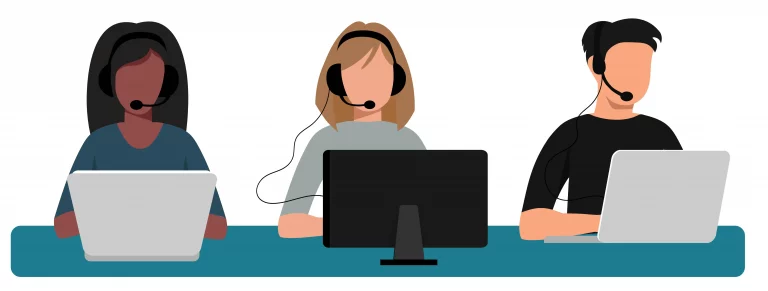 Illustration of three customer support employees at computers with headsets