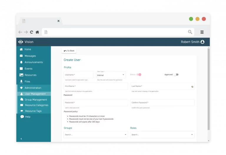 Screenshot of Vision interface showing User Management capabilities