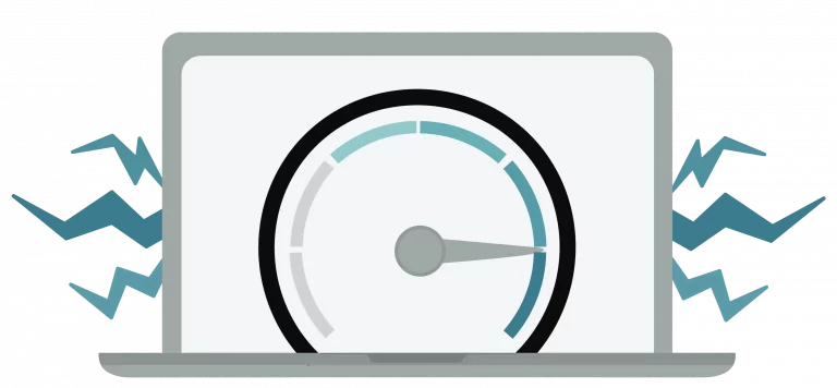 Illustration of a speedometer with the speed going very fast on a laptop with lightning bolts coming out of the side