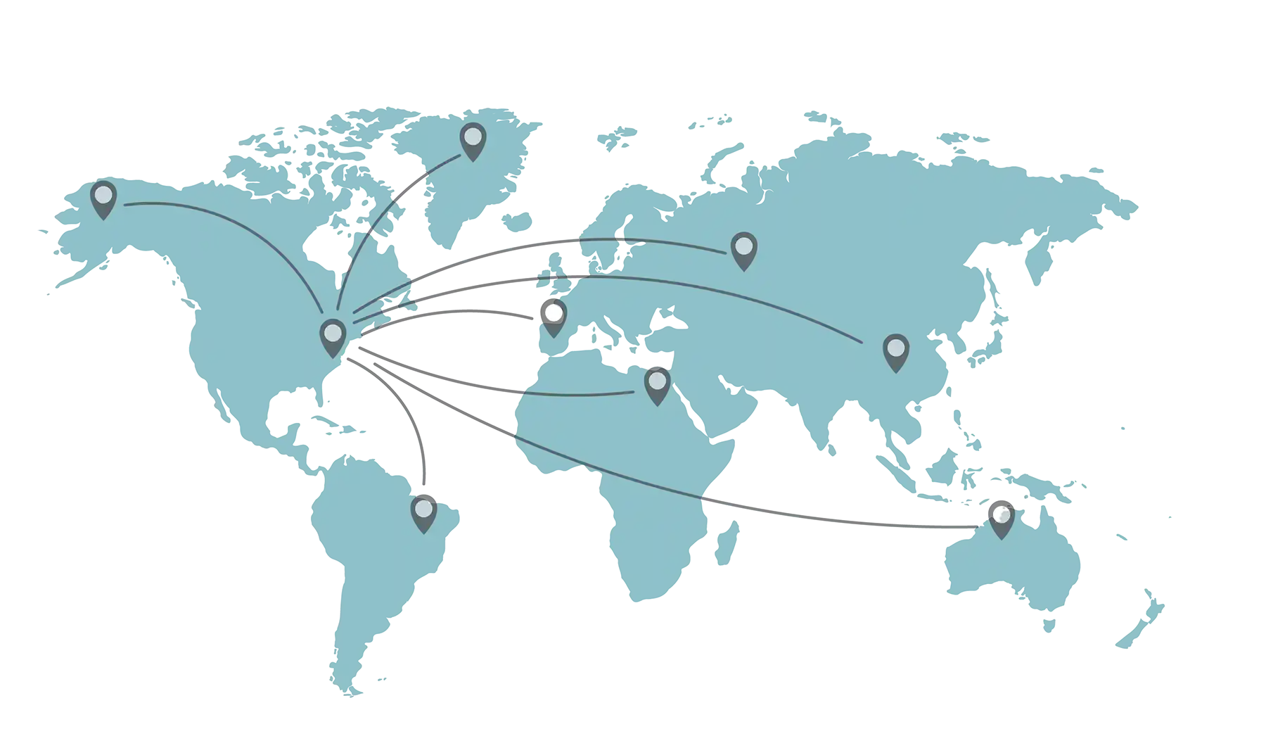 Illustration of 2d world map with lines showing server connections to the East Coast of USA