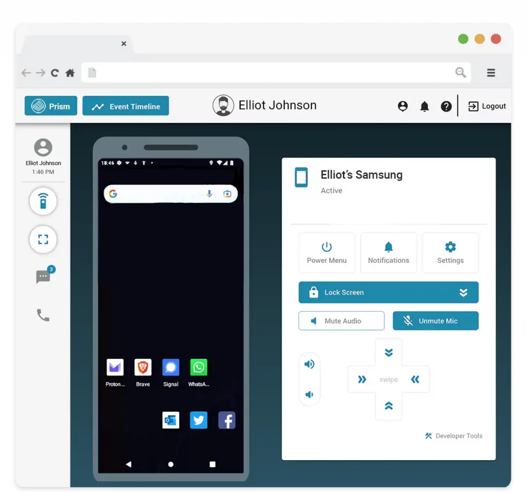 Screenshot of Prism interface in a web browser showing device virtualization of a mobile android phone
