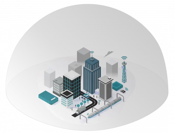 Dome City Illustration of a city with many digital sensors being covered by a virtual dome