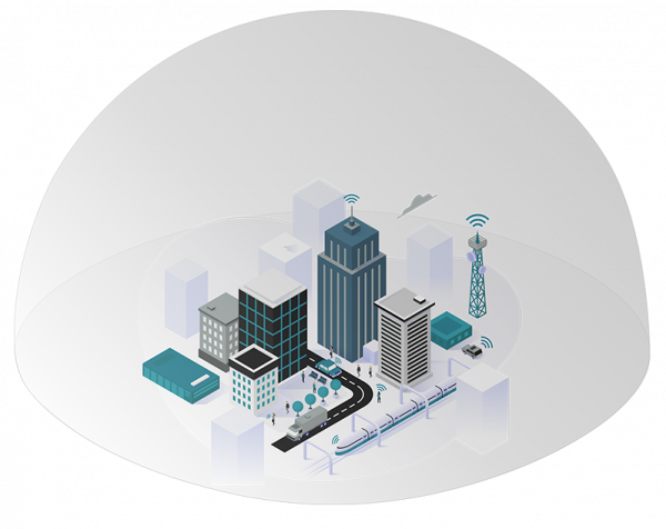 Illustration of a city in isometric view with a dome protecting it and controlling what signals go in and out