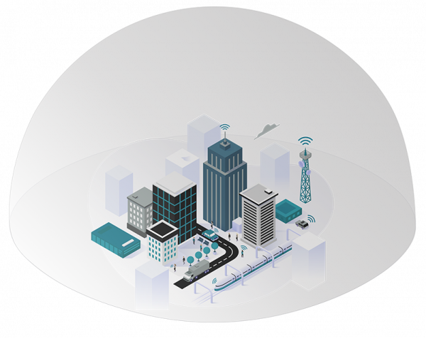 Dome City web Illustration of a city in isometric view with a dome protecting it and controlling what signals go in and out