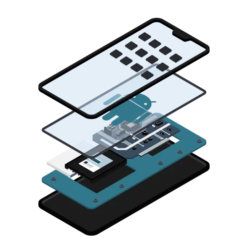 an isometric illustration of a cell phone in layers, showing the software, firmware, OS, and hardware