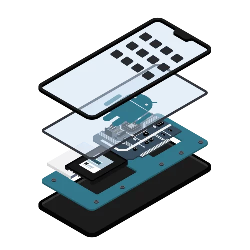 Layered Phone-01 an isometric illustration of a cell phone in layers, showing the software, firmware, OS, and hardware