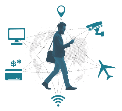 UTS Threat website-01 web-8-bit Illustration of a man walking with his phone and laptop bag, with icons for different data collectors around him, such as WiFi, cameras, credit cards. All tinted teal