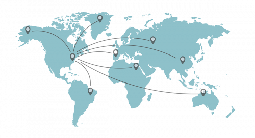 Illustration of 2d world map with lines showing server connections to the East Coast of USA