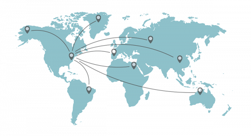 Universe WM-01 web Illustration of 2d world map with lines showing server connections to the East Coast of USA