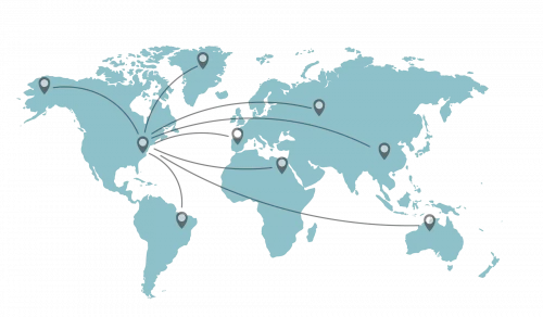 Illustration of 2d world map with lines showing server connections to the East Coast of USA