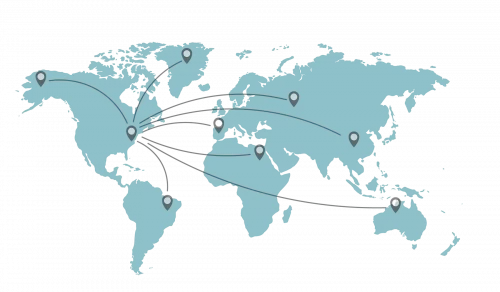 World Map Universe Illustration of 2d world map with lines showing server connections to the East Coast of USA